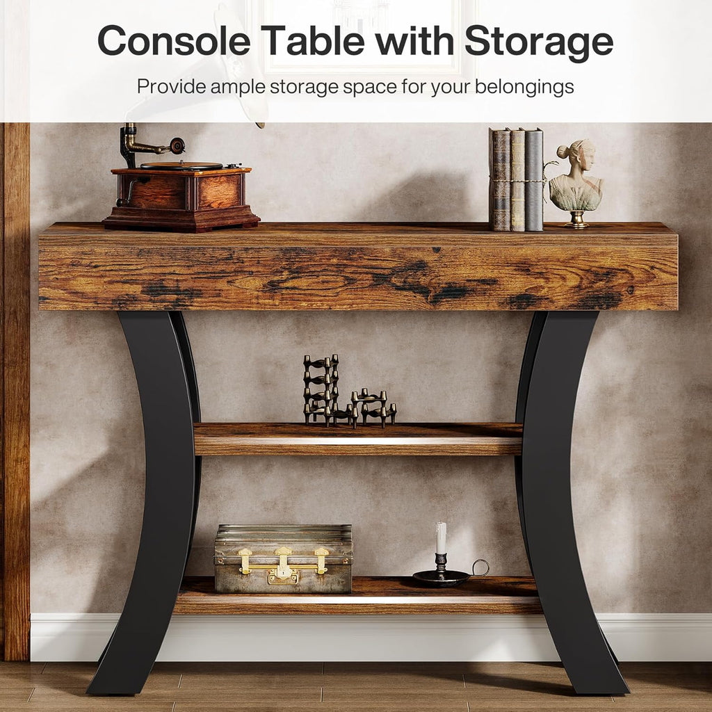 Tribesigns 41" Small Console Table for Entryway, 3-Tier Narrow Rustic Sofa Table with Storage Shelves and Curved Frame for Living Room, Entry, Hallway, Foyer, Rustic Brown
