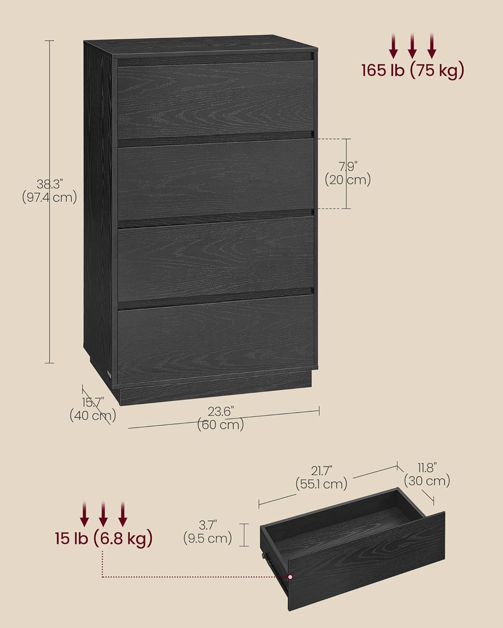 VASAGLE Kailyn Collection - 4-Drawer Dresser for Bedroom, Chest of Drawers, Storage Tower Unit, for Closet Living Room Entryway, Modern Minimalist, 15.9 x 23.7 x 38.3 Inches, Ink Black ULTS614BE04S