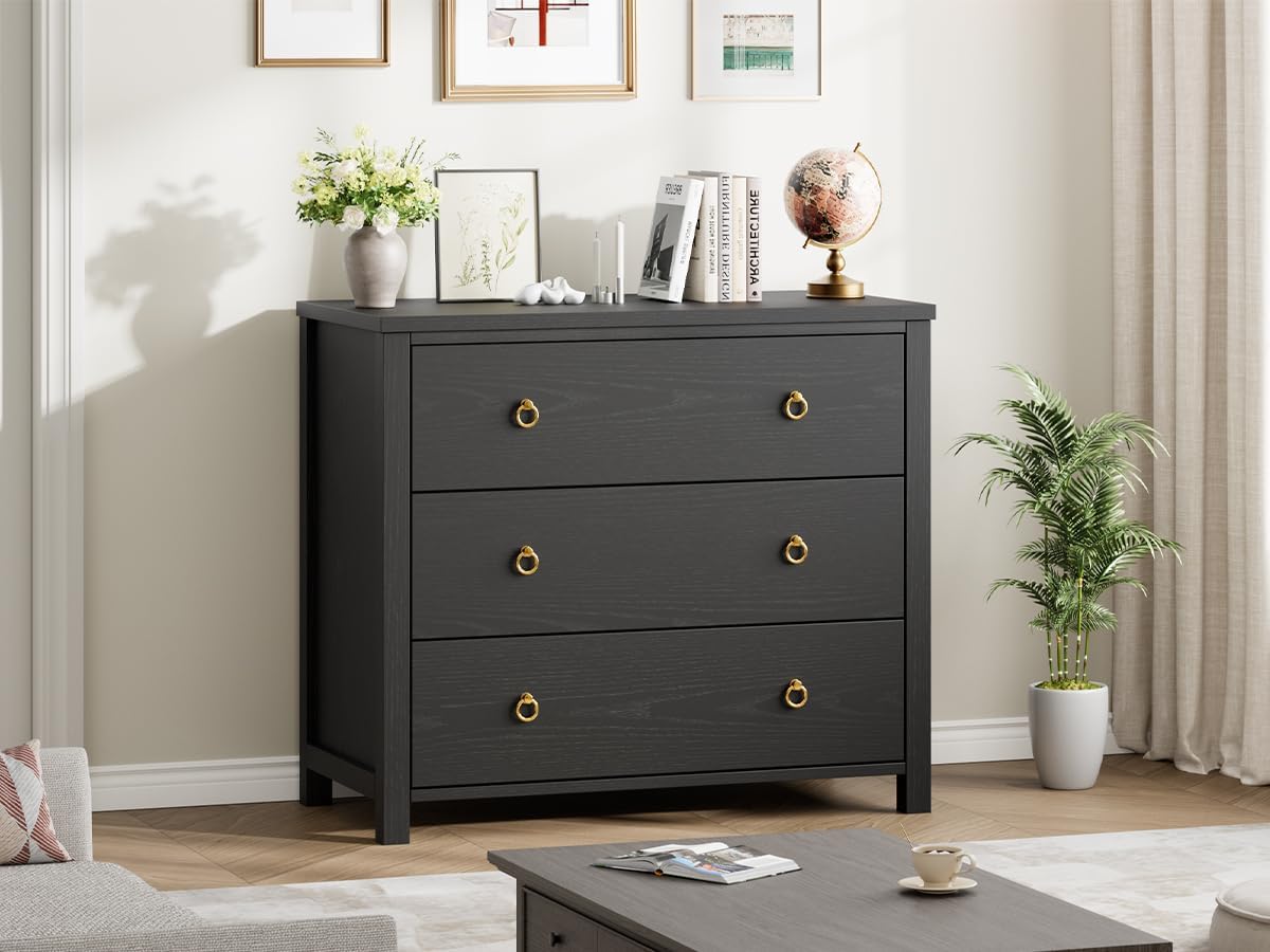 IDEALHOUSE 3 Drawer Dresser for Bedroom, 29" Tall Chest of Drawers, Wood Dresser for Closet, Clothes Storage Cabinet & Drawer Organizer for Living Room, Hallway, Entryway, Black