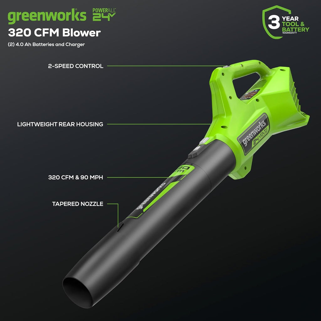Greenworks 48V (24V x 2) 20" Brushless Cordless Lawn Mower + 12" String Trimmer + 320 CFM Leaf Blower Combo Kit with (2) 4.0Ah Batteries & Dual Port Fast Charger