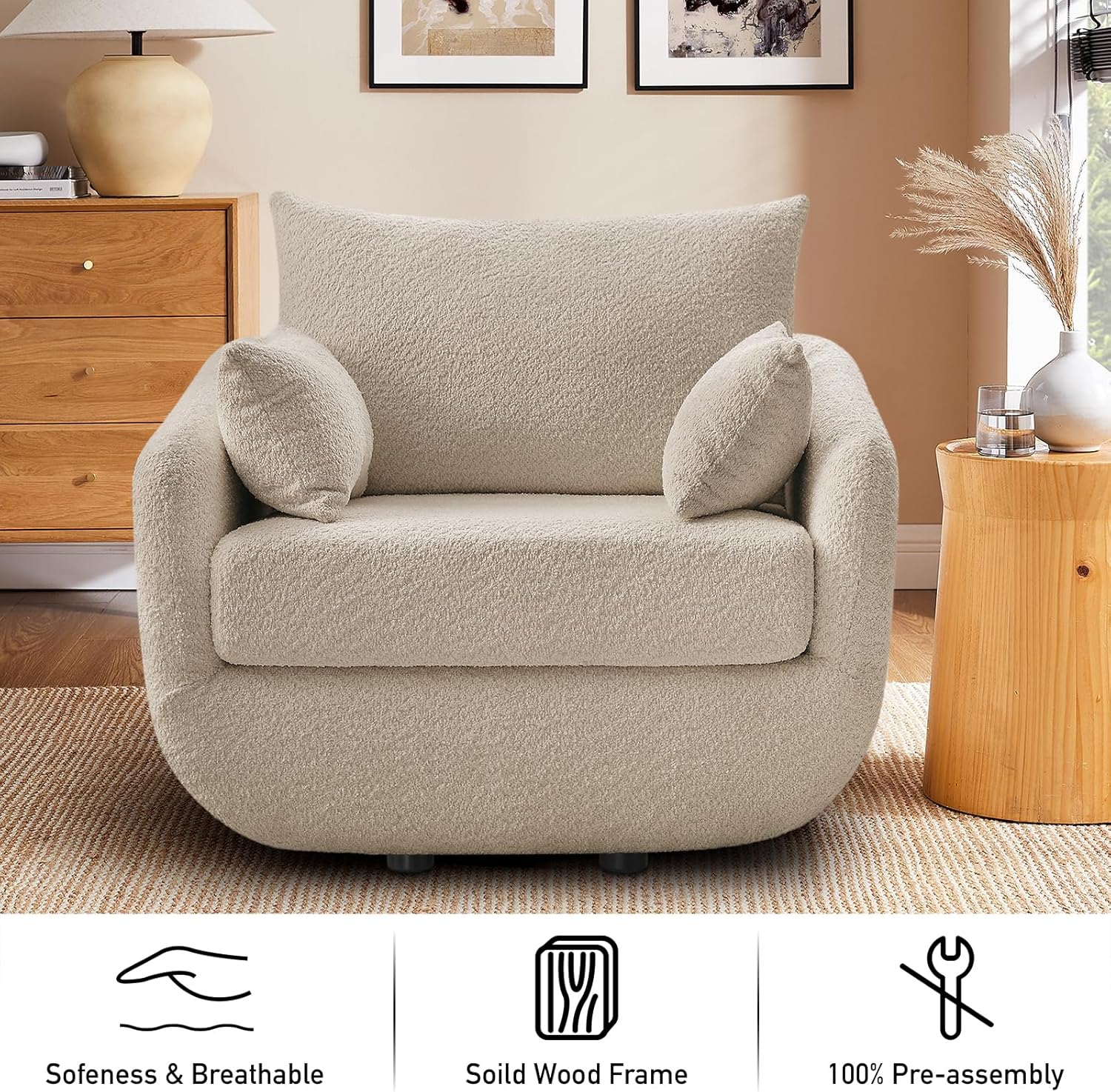 360° Swivel Accent Armchair, 39.3" Oversized, Sherpa Boucle Fabric Sofa Chair with Removable Back & Arm Pillows, Swivel Chair with Cozy Soft Padded (1, Camel)