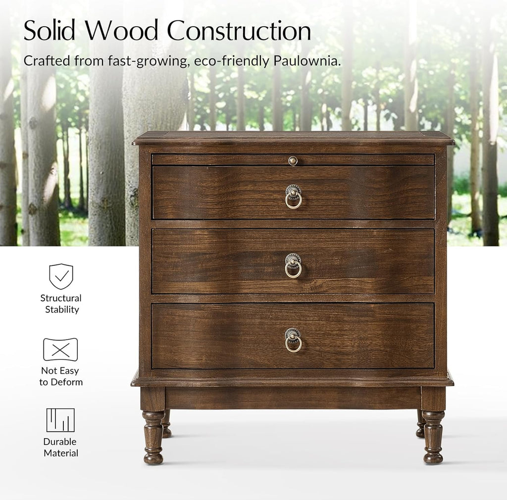 HULALA HOME Solid Wood End Table Set of 2 with Charging Station, 3 Drawer End Table with Pull-Out Tray, USB & Type-C Ports, Traditional Curved Front Accent Side Table for Living Room Sofa, Walnut