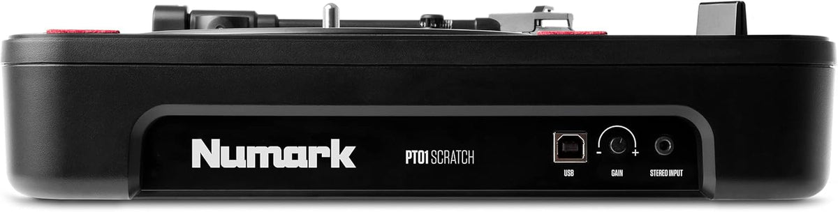 Numark PT01 Scratch | DJ Turntable for Portablists With User Replaceable Scratch Switch, Built In Speaker, Power via Battery or AC Adapter, Three Speed RPM Selection & USB Connectivity