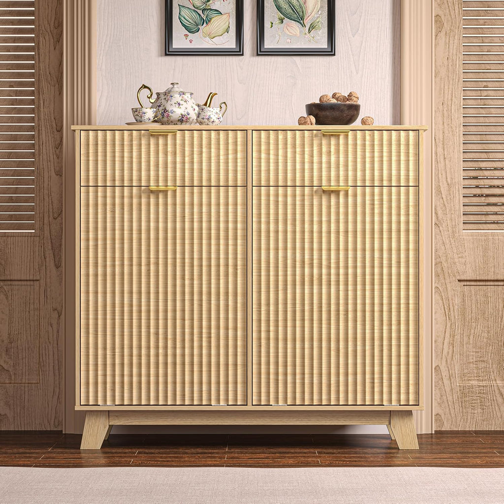 Wodeer Double Tilt Out Laundry Hamper Cabinet with 2 Drawers & Baskets, 20 Gallon Fluted Hidden Trash Can Cabinet, Farmhouse Wood Laundry Storage Cabinets for Bathroom, Kitchen, Natural
