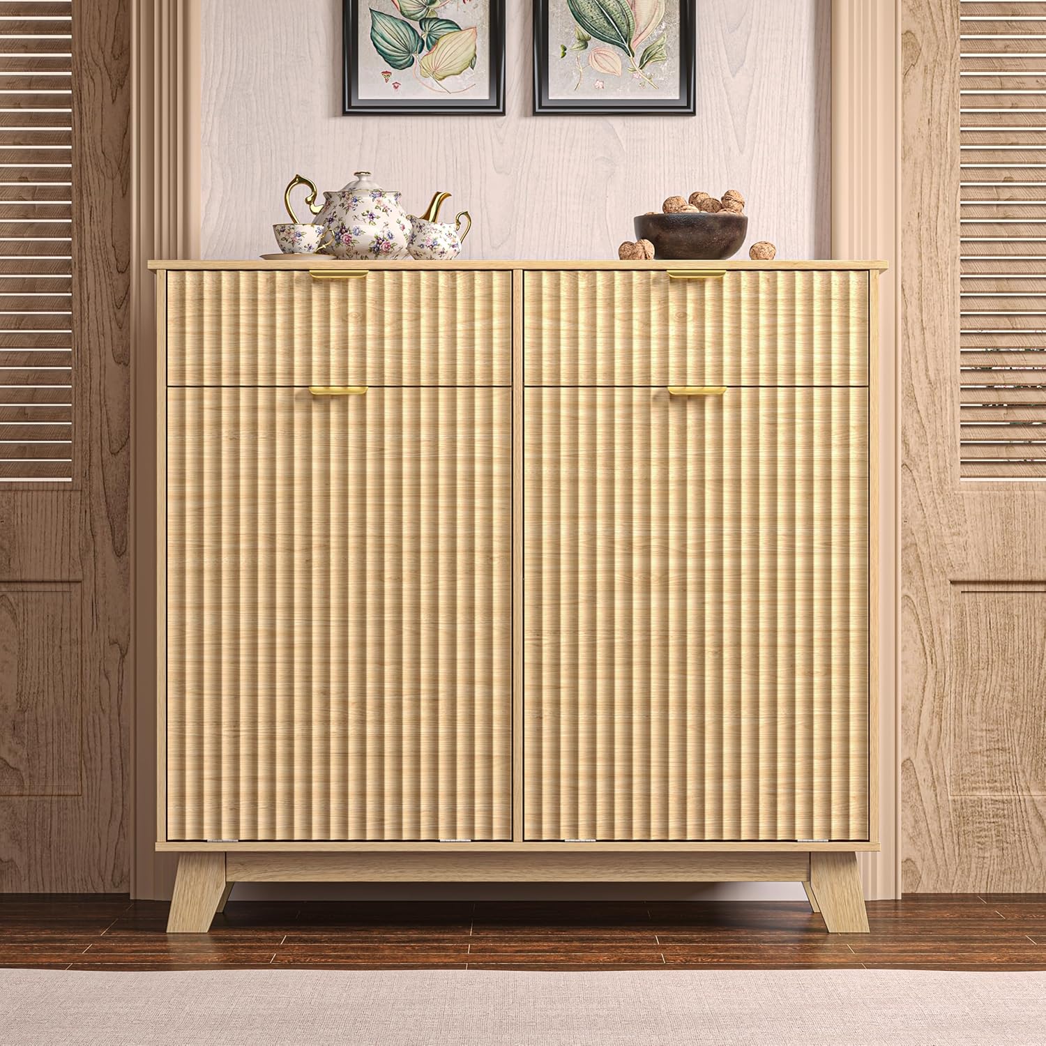 Wodeer Double Tilt Out Laundry Hamper Cabinet with 2 Drawers & Baskets, 20 Gallon Fluted Hidden Trash Can Cabinet, Farmhouse Wood Laundry Storage Cabinets for Bathroom, Kitchen, Natural
