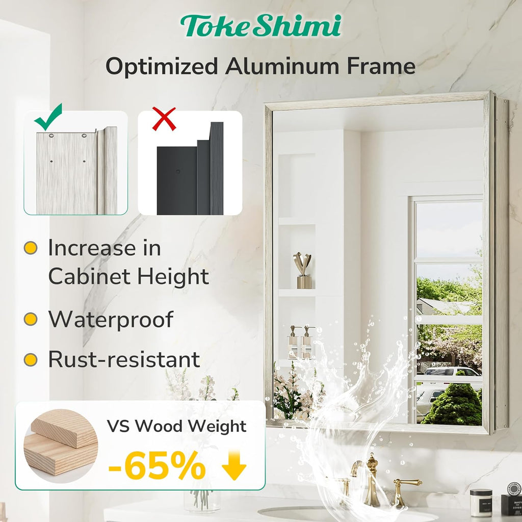 TokeShimi 20 x 26 Recessed Medicine Cabinet with Mirror, Assembly Required, Brushed Nickel Mirror Medicine Cabinet for Bathroom, Stepless Adjustable Shelves, Beveled Aluminum Frame, Tempered Glass