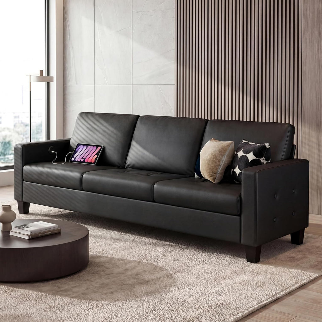 STHOUYN Black Faux Leather 3 Seater Sofa, Loveseat and Accent Chair, Modern Comfy Office Furniture Set, Small Love Seat Couch with Tufted Armrest and USB, 3 Pieces Living Room Furniture Sets (3+2+1)