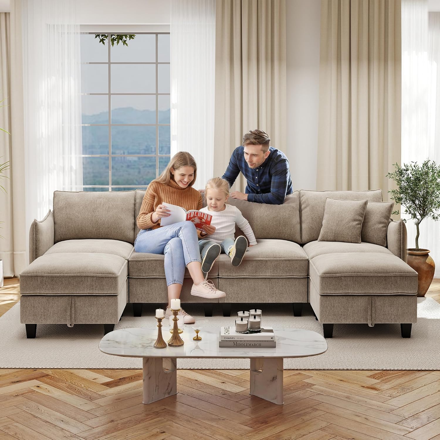 Ihanherry 112" Modular U-Shaped Sectional Sofa, Modern 6-Seat Cloud Couch with 2 Storage Ottomans, Comfy Chenille Convertible Furniture Set for Living Room, Apartment, Easy Assembly, Brown