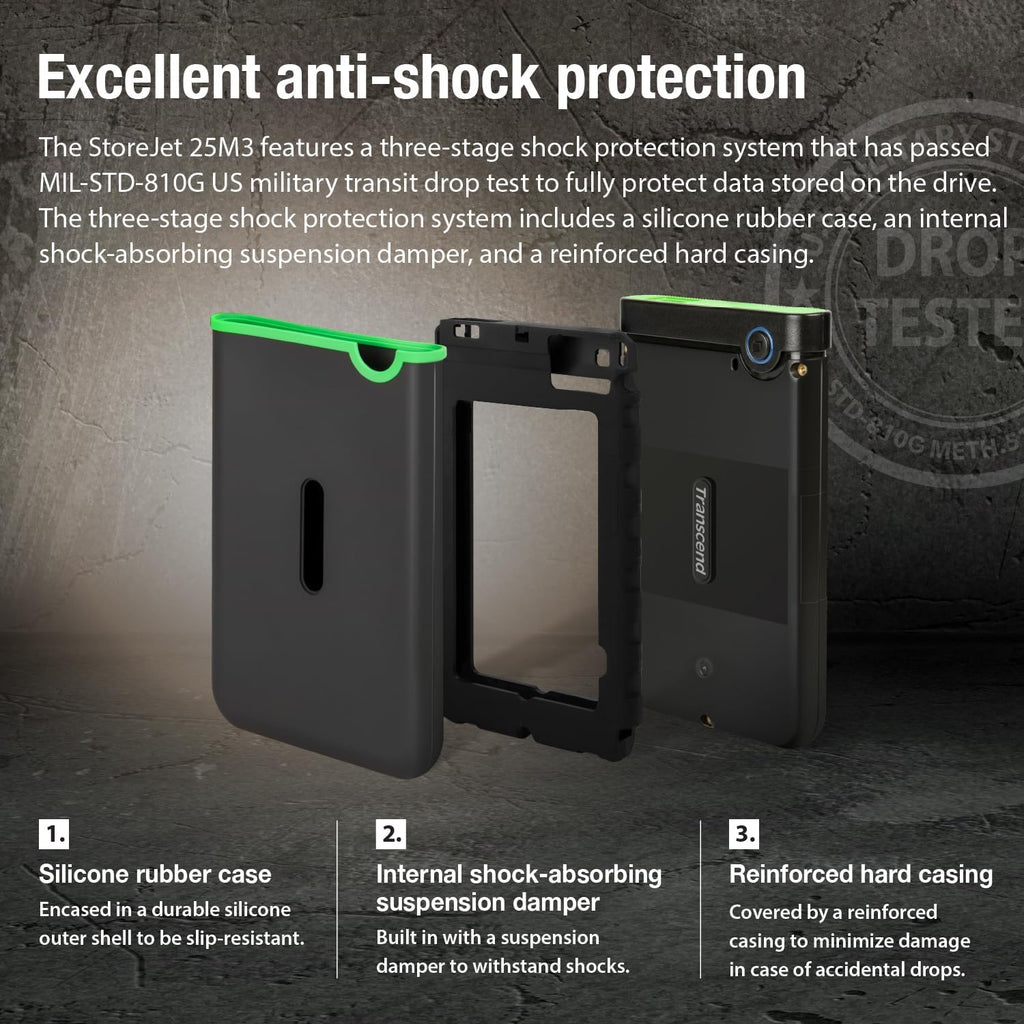 Transcend StoreJet 2TB Rugged External Hard Drive, USB3.1(5Gbps) Portable HDD w/One Touch Auto-Backup Button/Anti-Shock Resistant/Compact&Lightweight/Lightning-Fast Speeds, Iron Gray - TS2TSJ25M3S