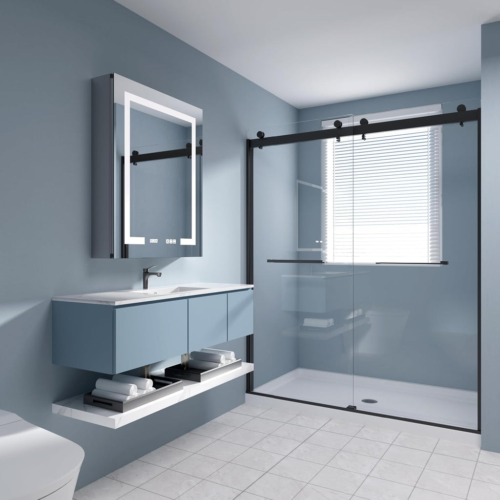 LED Medicine Cabinet Mirror, 24x30 Inch Bathroom Storage, Recessed/Wall Mount, Plug-in/Hardwired, 3 Color Dimmable Light, Anti-Fog, Time Temp Display, Left Hinge