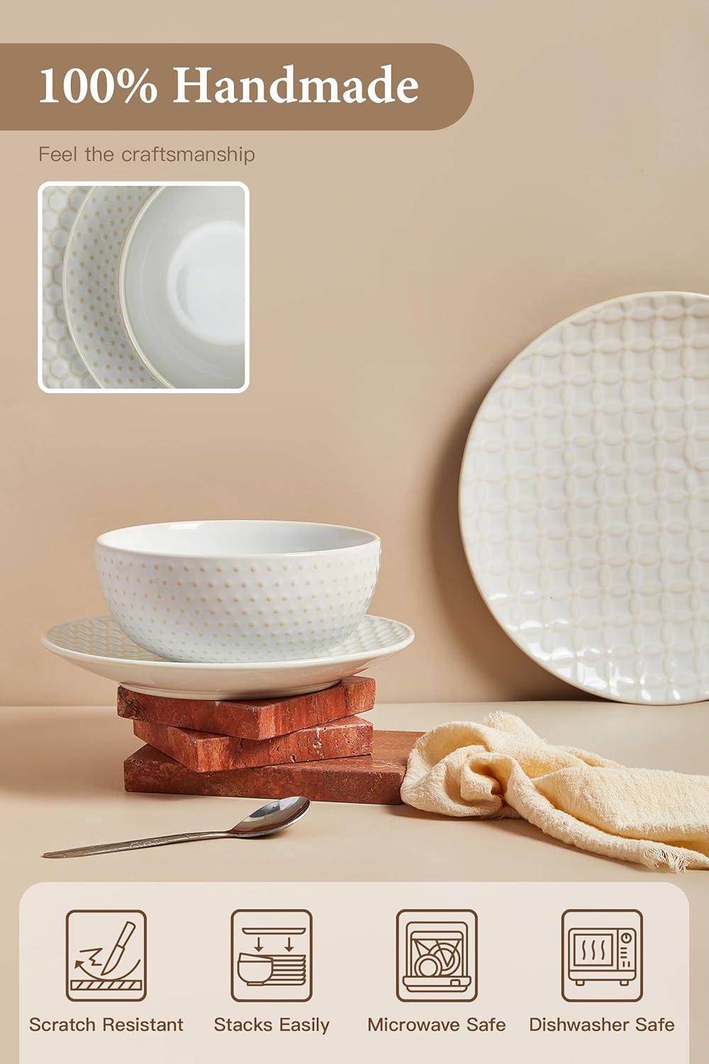 24 Piece Dinnerware Sets for 8, Premium Stoneware Plates and Bowls Sets, Microwave & Dishwasher Safe, Elegant Dishes for Entertaining & Special Occasions – A Stunning Gift for Large Families