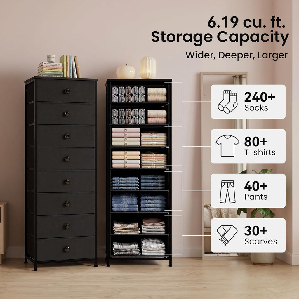 Crestlive Products Tall Dresser, 8-Drawer Fabirc Storage Tower, Chests of Drawers - Vertical Organizer Unit for Bedroom, Hallway, Entryway, Nursery, Closets - Steel Frame, Wood Top & Handles (Black)
