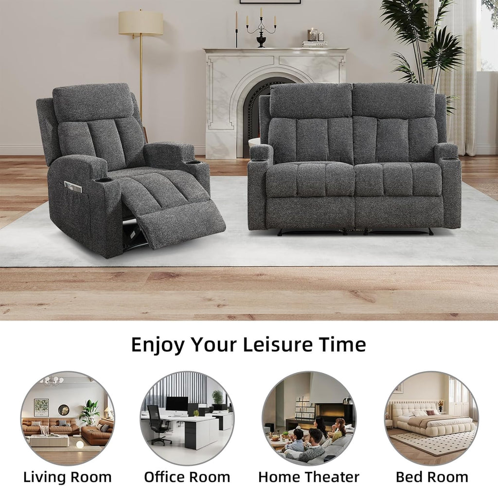 CANMOV Manual Recliner Sofa Set, Fabric Recliner Living Room Furniture Sets, 1 Seat Reclining Chair and a Loveseat Furniture Set with Side Pockets and Cup Holders, Dark Grey