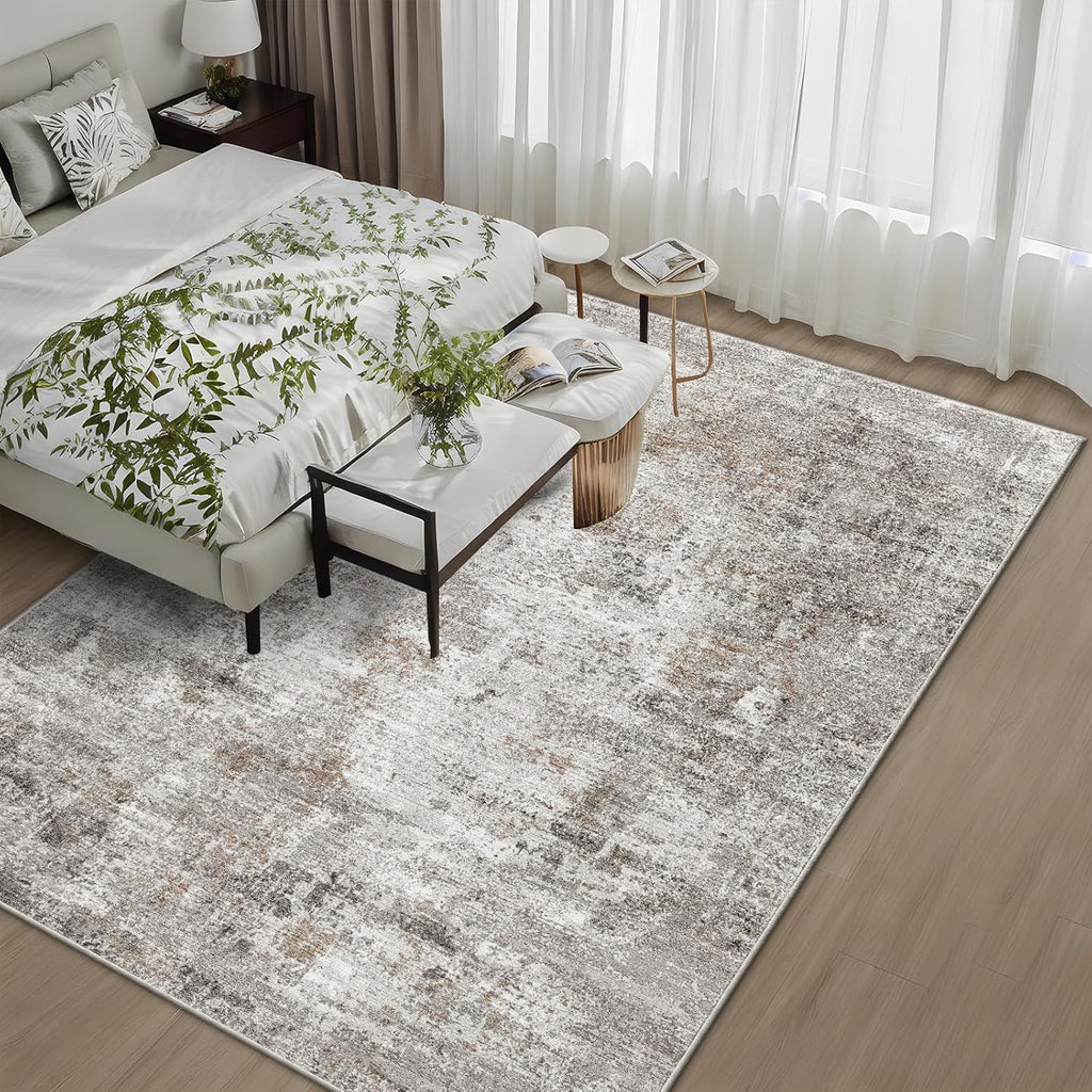 10x14 Area Rug Living Room – Washable Large Neutral Modern Abstract Soft Low Pile Non-Slip Thin Carpet for Bedroom, Dining Room, Home Office (Beige, Grey)