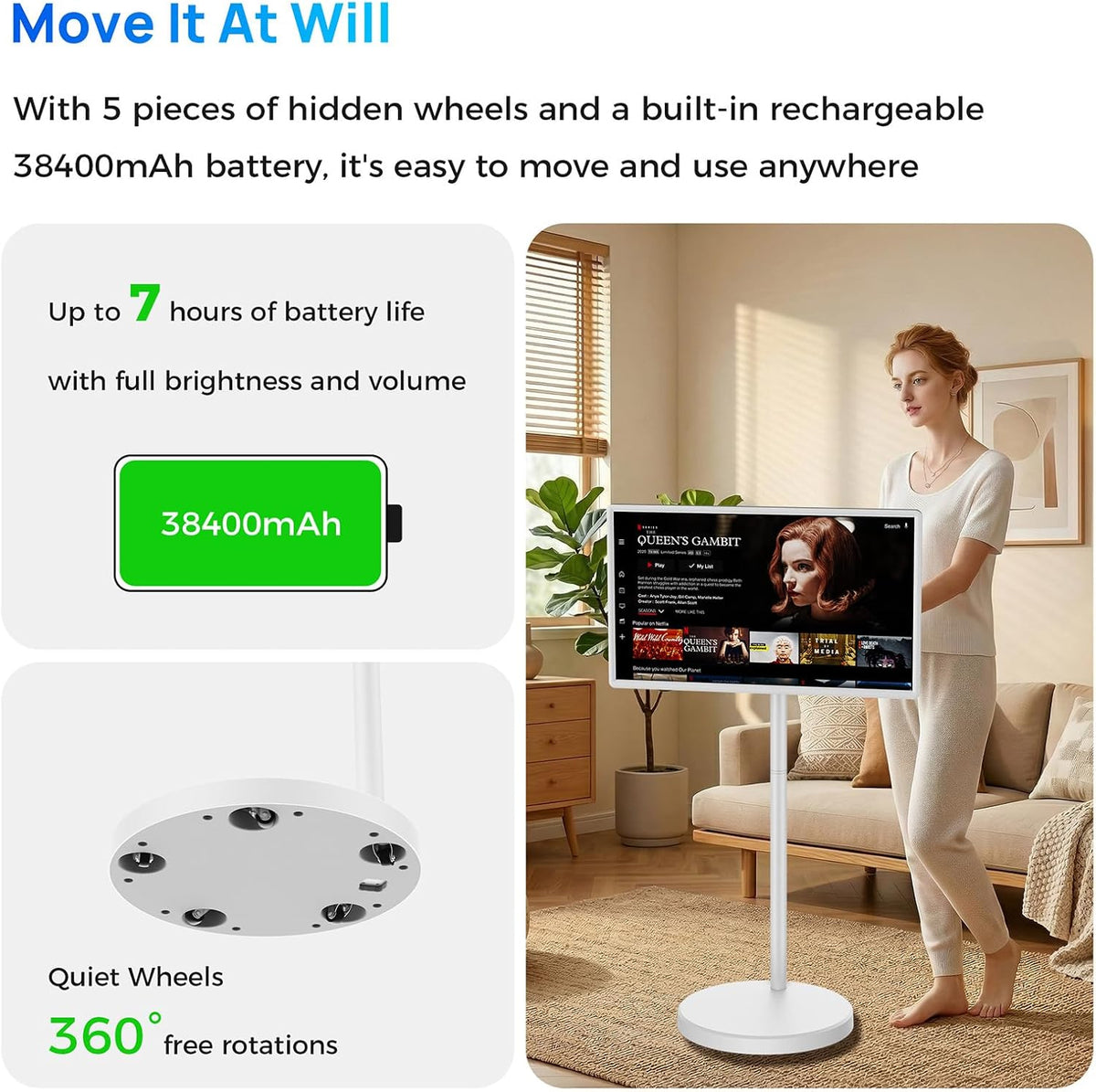 KEFEYA 32" Smart Portable TV, FHD Touch Screen Monitor on Wheels, Voice Remote Control, Wireless Movable Display, 360° Swivel Rotation, Rechargeable 38400mAh Battery,EDLA-Certified,20W Stereo Speakers