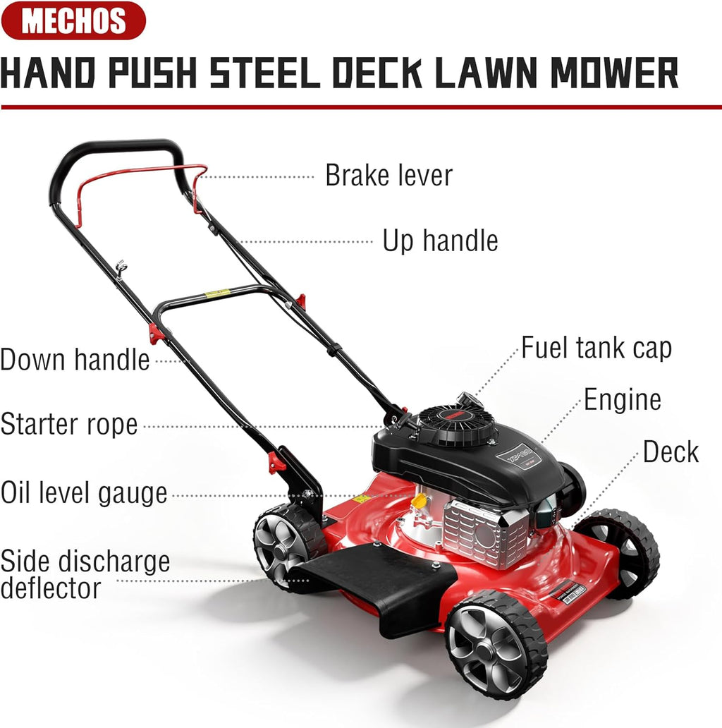 MECHOS 20'' 144cc 4-Cycle Engine 3-Position Cutting Height Adjustment 2-in-1 Gas Walk Behind Lawn Mower, Black, Hand Push