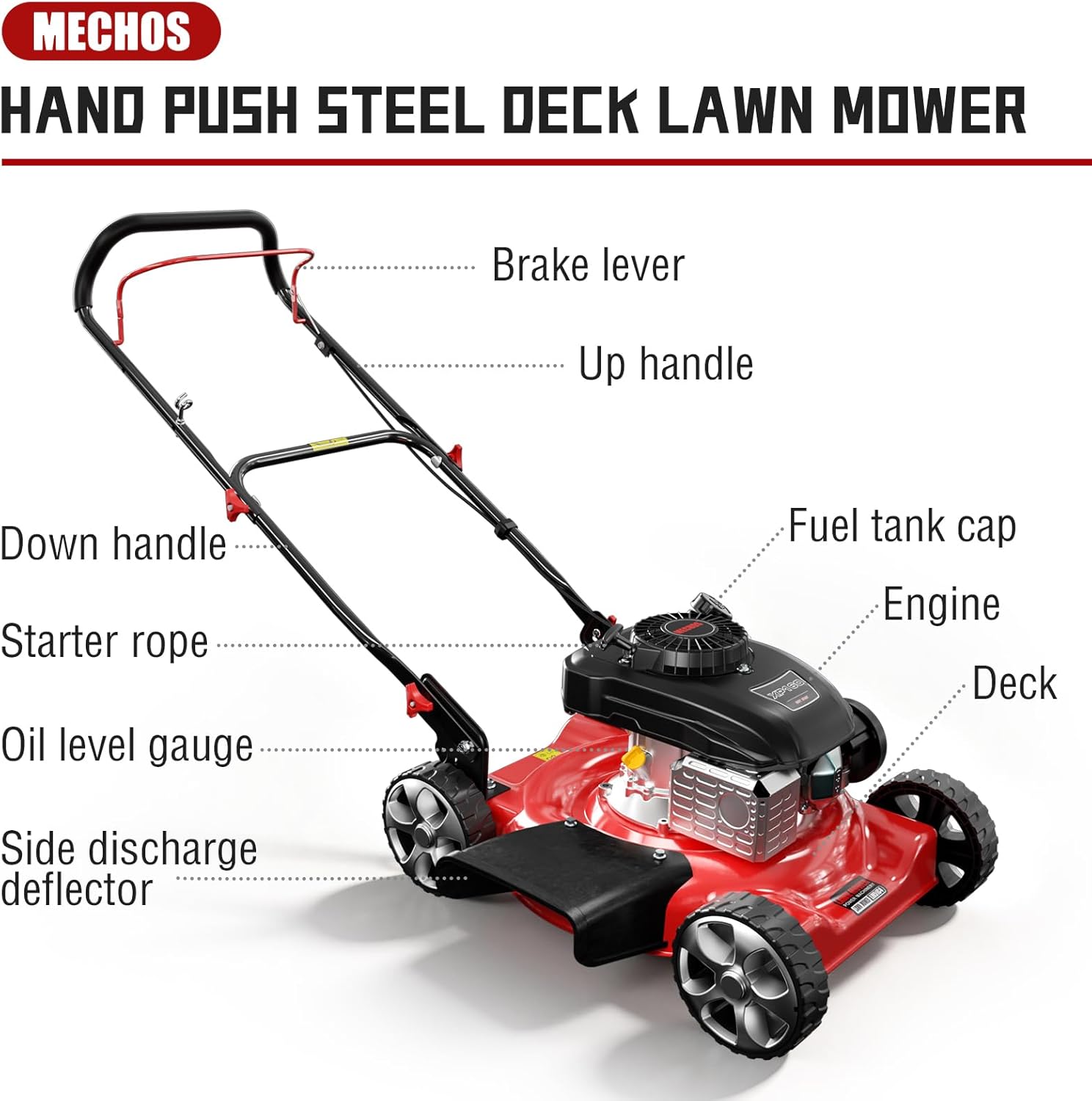 MECHOS 20'' 144cc 4-Cycle Engine 3-Position Cutting Height Adjustment 2-in-1 Gas Walk Behind Lawn Mower, Black, Hand Push