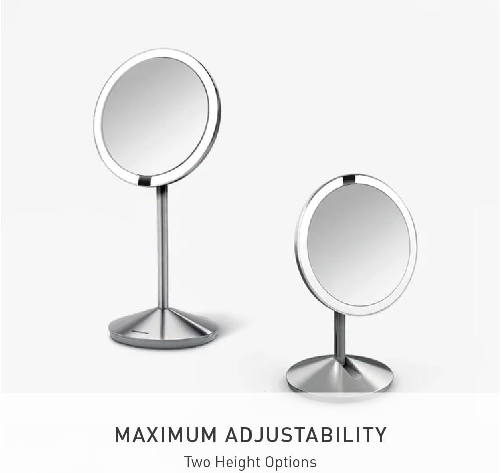 simplehuman Sensor Mirror Fold, 5'' with 10X Magnification, Round Rechargeable Travel Makeup Mirror, Tru-Lux® Full-Spectrum Light, Adjustable Brightness & Height, Brushed Stainless Steel