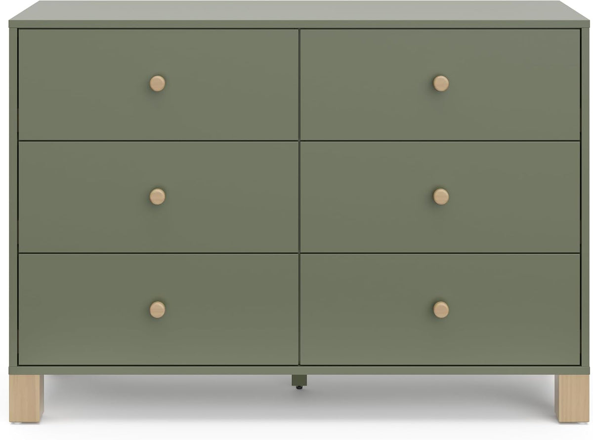 Storkcraft California 6-Drawer Double Dresser (Olive with Driftwood) - GREENGUARD Gold Certified, Interlocking Drawer System, Dresser Drawer Organizer for Kids Bedroom