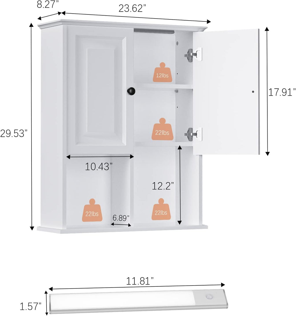 HAIOOU Bathroom Wall Cabinet with Motion Sensor LED Light, Wooden Medicine Cabinet Wall Mounted Cupboard, Over Toilet Storage Cabinet with Buffering Hinges and Adjustable Shelf - Modern White