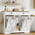 HOOBRO Double Tilt Out Laundry Hamper Cabinet, 23 Gallon Farmhouse Trash Can Cabinet with 2 Drawers and Open Shelving, Wooden Hidden Laundry Hamper, for Bathroom, Kitchen, White and Walnut WH11XY01