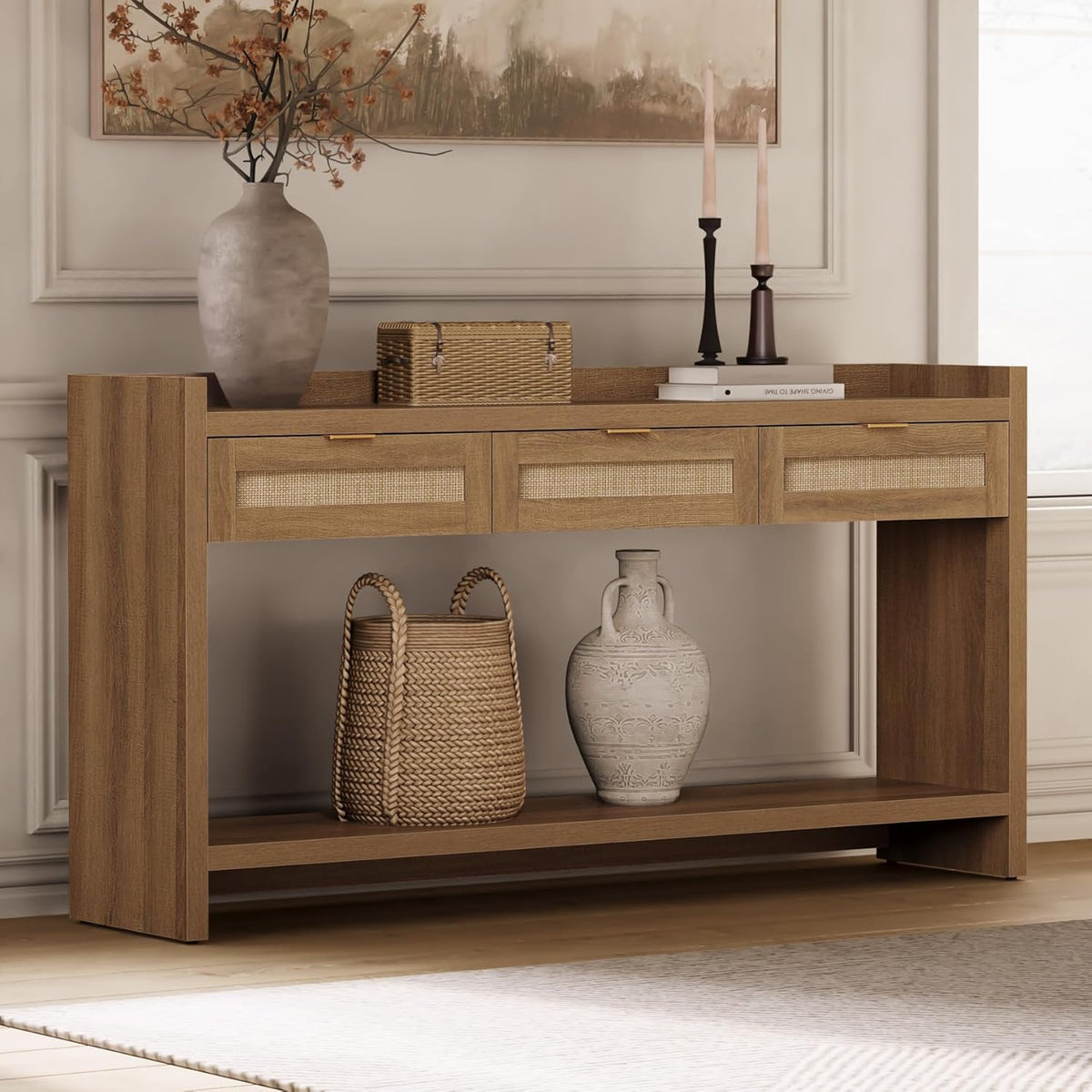 SICOTAS 60" Rattan Console Table for Entryway - Farmhouse Entry Table Sofa Table with 3 Drawers, Narrow TV Console Table with Storage for Living Room, Hallway, Couch, Foyer