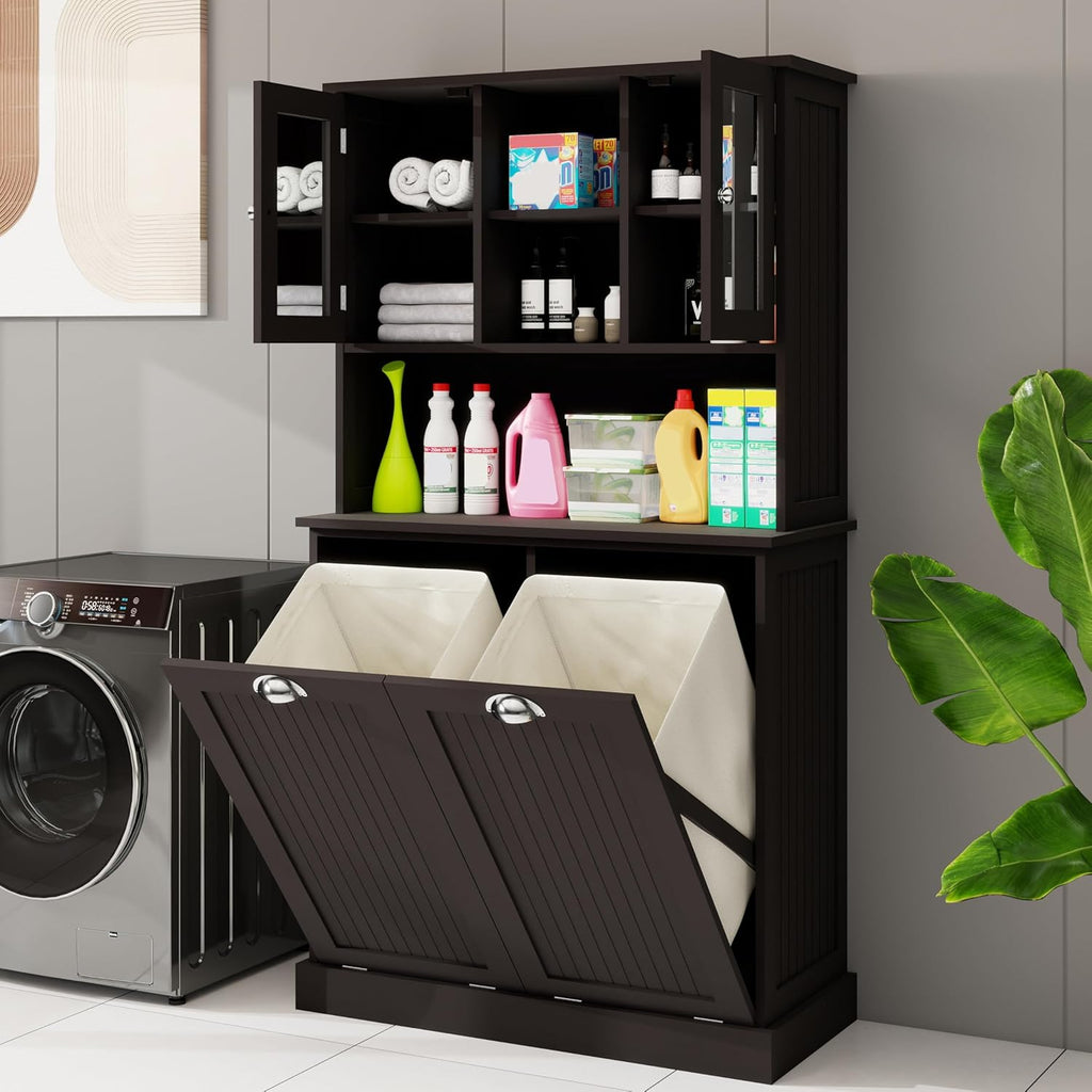 Laundry Hampers 2-Compartment Tilt-Out Laundry Basket Cabinet – Tall Bathroom & Laundry Storage w/ 2 Adjustable Shelves, Space-Saving Durable MDF Organizer for Home, Apartment (Black)