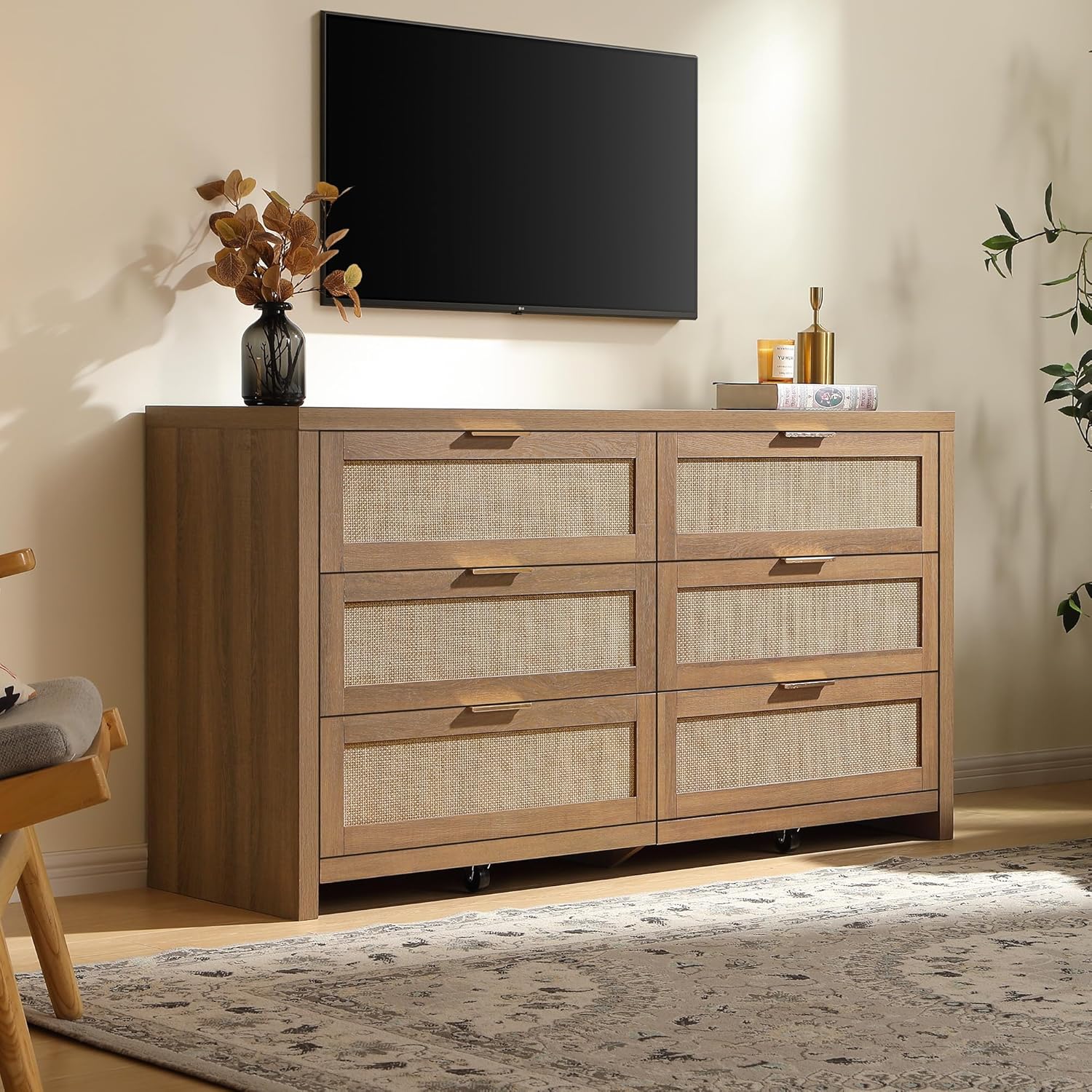 SICOTAS Rattan Dresser for Bedroom, 57" Wide 6 Drawer Dresser with Ample Storage, Dressers Large Chest of Drawers, Closet, Boho TV Stand for Bedroom (Reclaimed Caramel Oak, 1 Piece)