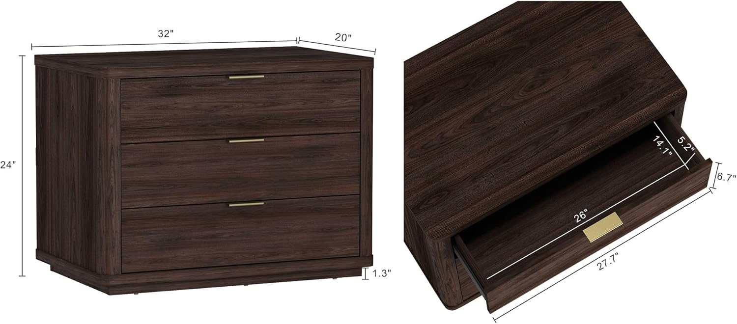 Manhattan Comfort Evelyn Nightstand with 3 Drawers, Minimalist Wood Grain Bedside Table with Rounded Corners and Raised Base, Modern End Table for Bedroom, Entryway, or Living Room in Brown