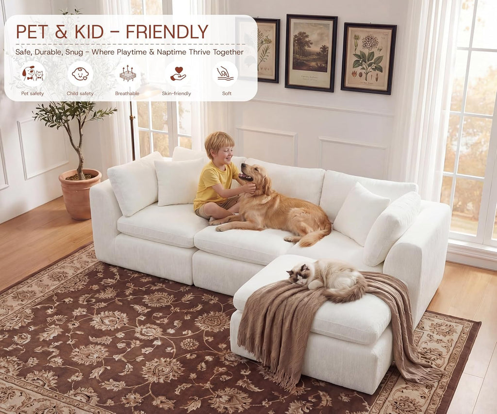 GRUSIGN 110'' Oversized Cloud Sectional Boneless Couch for Living Room, Modern Big Compressed L Shape Couch with Ottoman & 2 Throw Pillows, Chenille Deep Seat Memory Foam Spineless 4 Seater Sofa,Beige