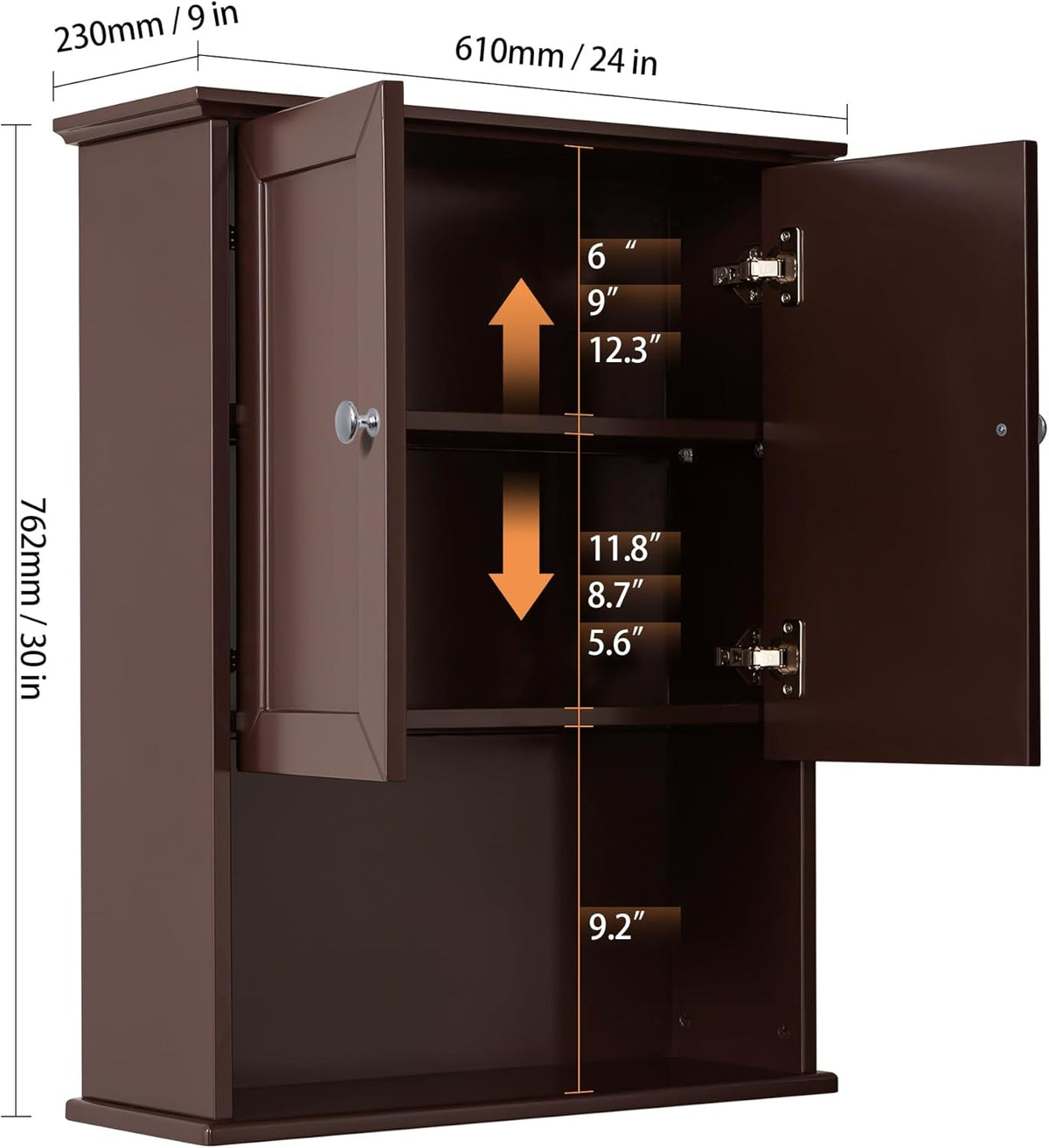 VANIRROR Bathroom Wall Cabinet Expresso Over Toilet Storage - 24x30 in Above Toilet Wood Medicine Cabinet with Adjustable Shelf & 2 Door Mounted Wall Cabinet