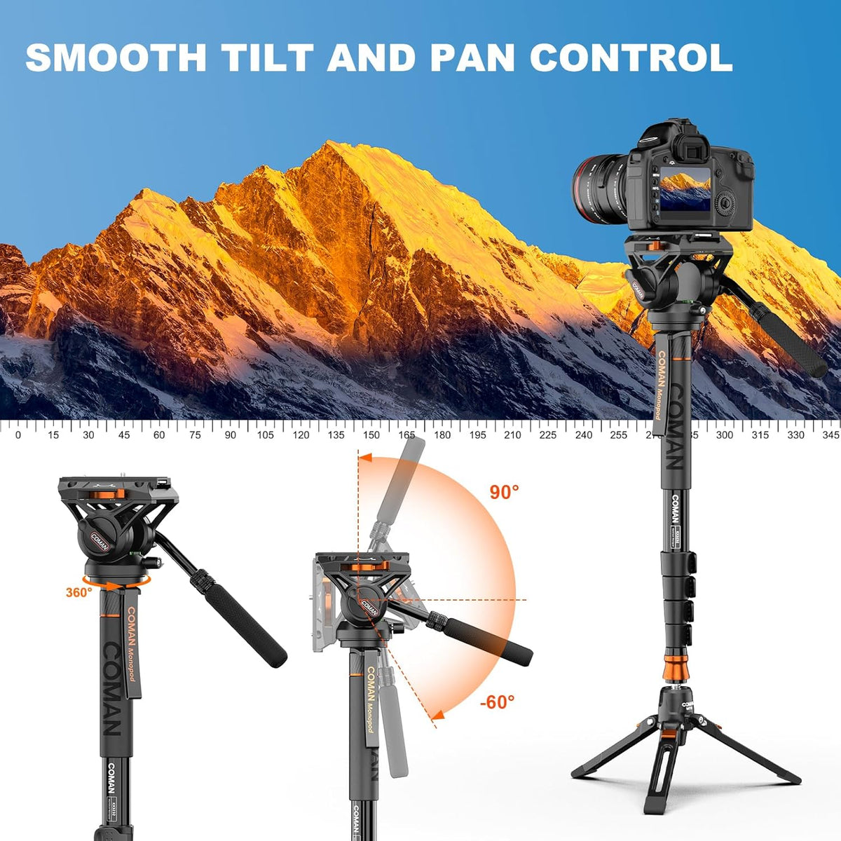 Professional Camera Monopod with Feet, 73.2 inch Aluminum Portable Travel Video Monopod with Removable Tripod Stand Base, Max Load 22 Lbs, New Q6 Fluid Head for DJI RS4 Manfrotto, KX3232Q6