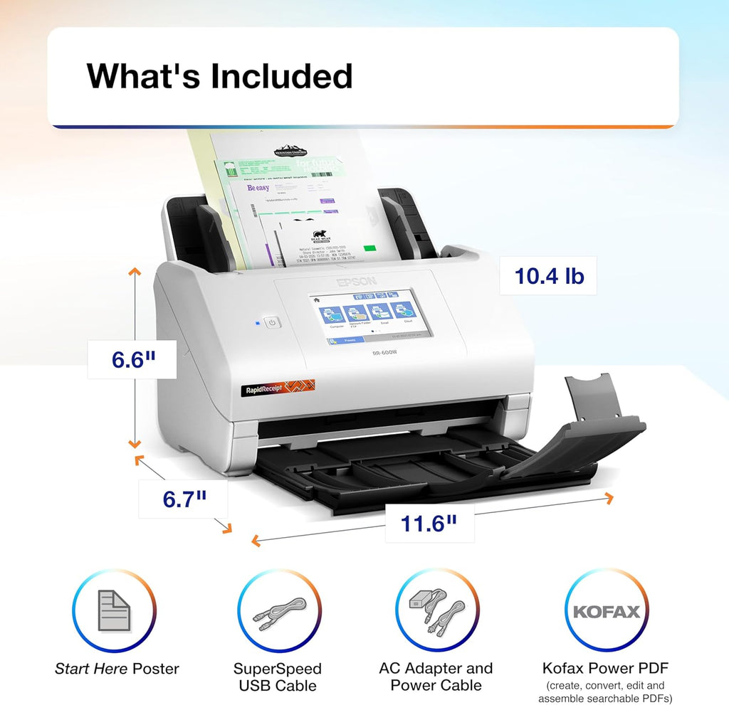 Epson RapidReceipt RR-600W Wireless Desktop Color 2-Sided Document & Tax Receipt Scanner with ScanSmart AI PRO Data Management Software for PC & Mac Touchscreen & 100-Page Auto Document Feeder, White