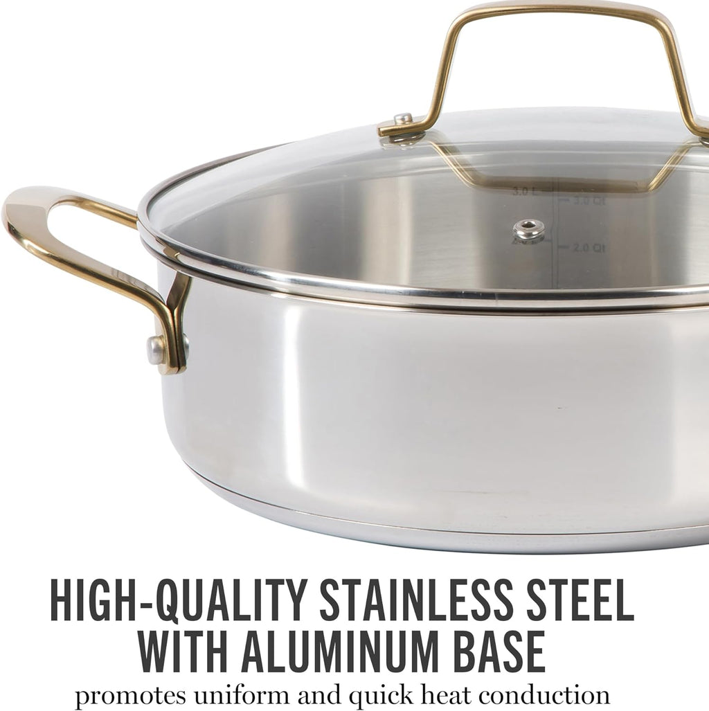 Martha Stewart Castelle 10 Piece 18/8 Durable Stainless Steel Induction Safe Pots and Pans Non-Toxic Kitchen Cookware Set - Gold Handles - Dishwasher Safe