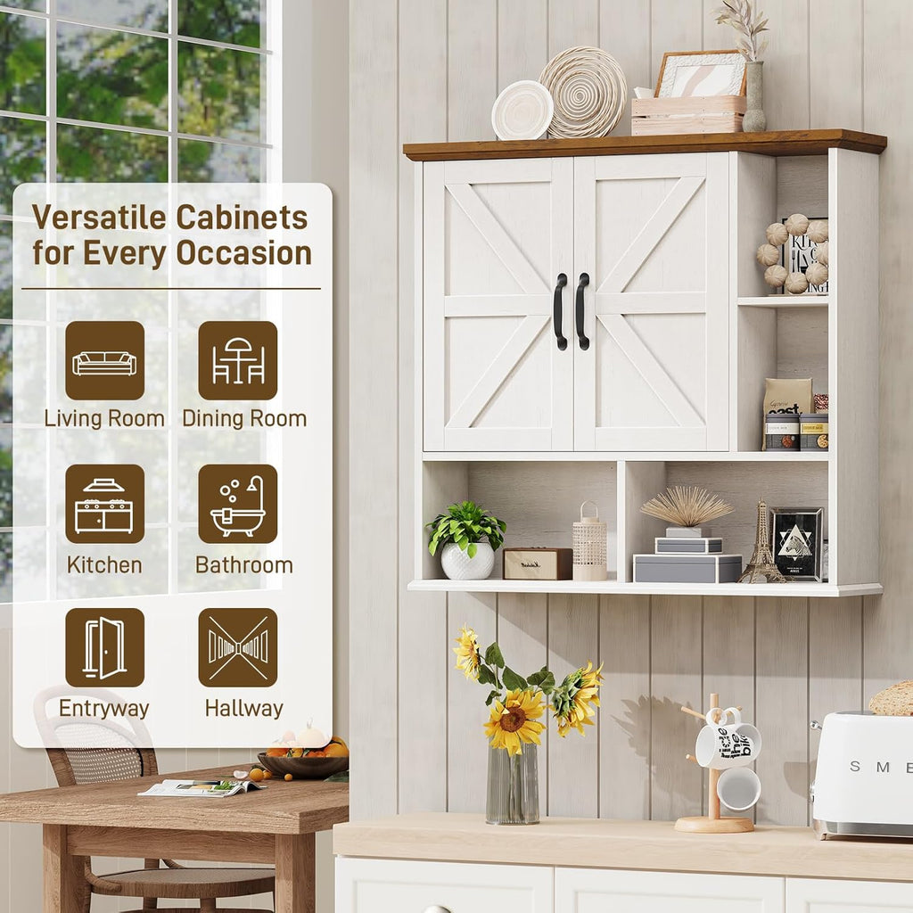 Bathroom Wall Cabinet, Farmhouse Medicine Cabinet with Double Barn Door and Adjustable Wood Shelf, Over The Toilet Storage Cabinet for Wall Mounted for Bathroom Laundry Room Kitchen (White and Brown)
