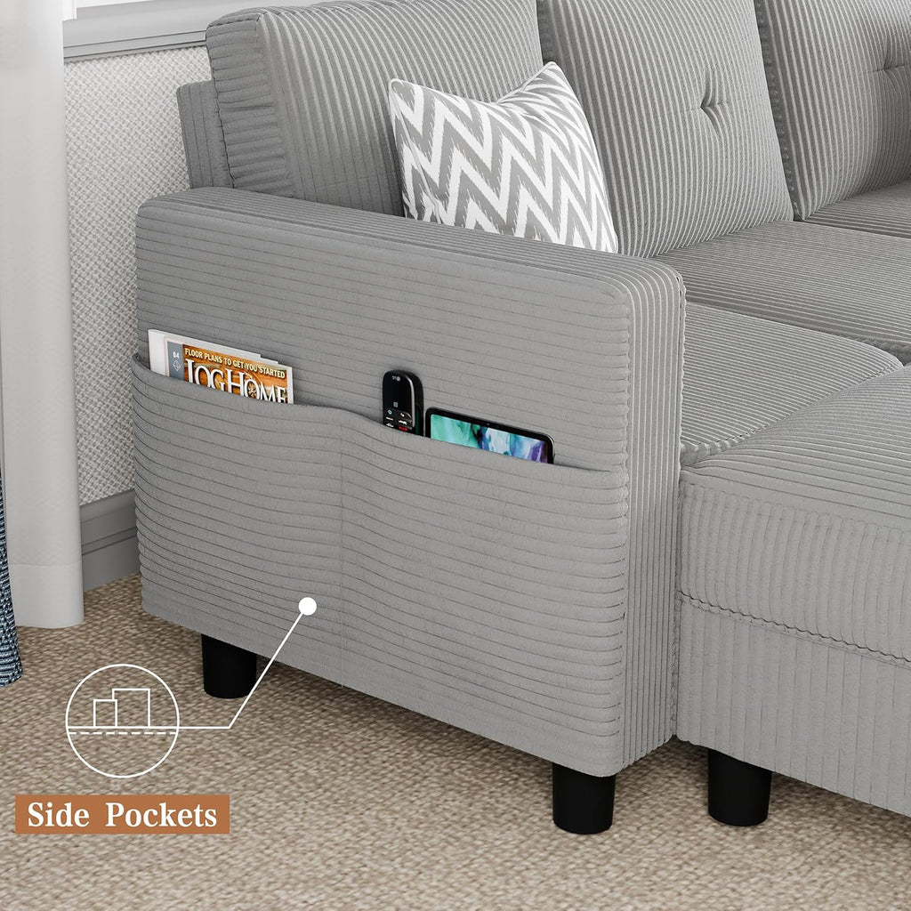 Shintenchi 76" Modern Upholstered Sectional Sofa, L-Shaped Couch with Storage Ottoman and Reversible Chaise for Living Room, Off-Grey Corduroy Fabric