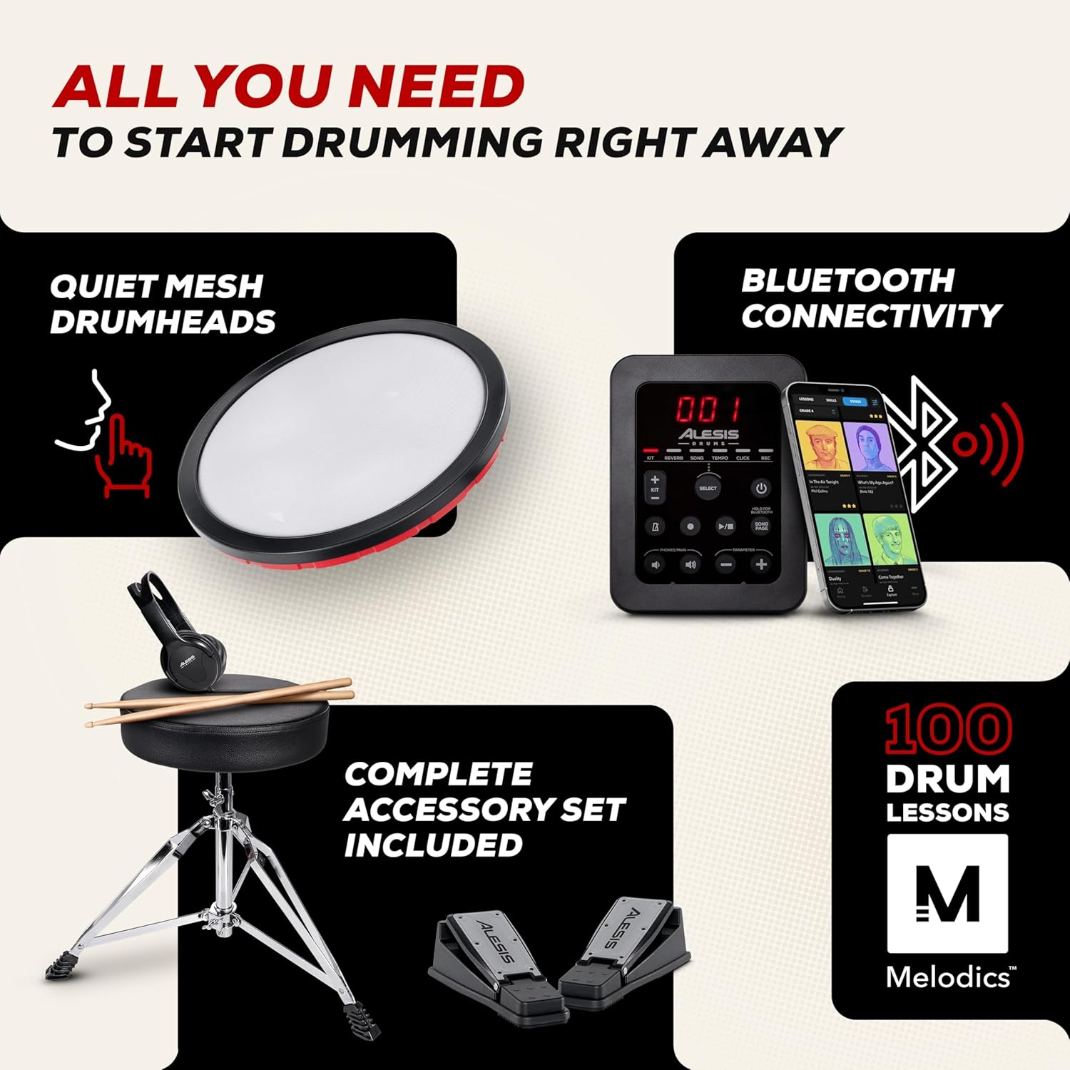Alesis Turbo Max Electric Drum Set with Quiet 8" Mesh Pads, Lessons, Bluetooth and Accessories, Foldable