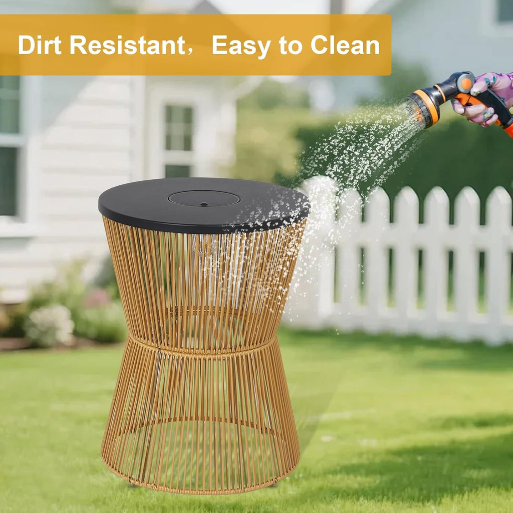 HMVPL Solar Outdoor Side Table with Dimmable Light, Patio Side Tables for Outside, Round Outdoor End Tables Set of 2, Plastic Rattan Patio End Accent Table for Poolside Backyard Gazebo, Dusk to Dawn