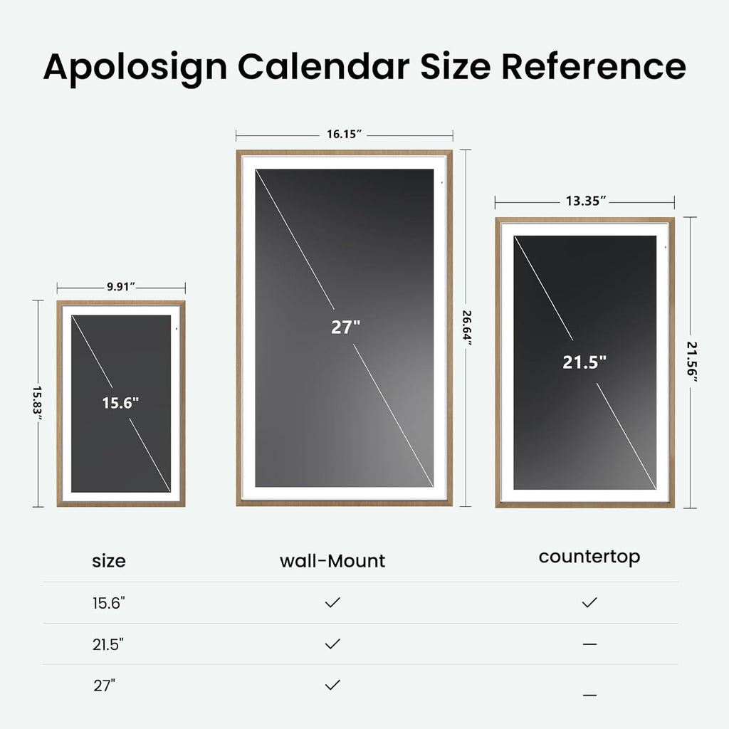 Apolosign 15.6-inch Digital Calendar : Dual Mode Smart Wall Planner, No Subscription, Install Apps, Sync Calendars, Electronic Touchscreen Interactive Display for Family Schedules, Chore Chart - with Stand (Teak)