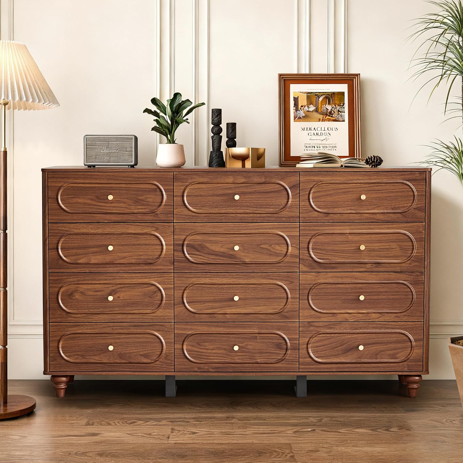 ORRD 12 Drawer Fluted Dresser for Bedroom, Mid Century Modern Chest of Drawers, Wood Storage Small Dresser Organizer for Bedroom Living Room Hallway Closet, Walnut
