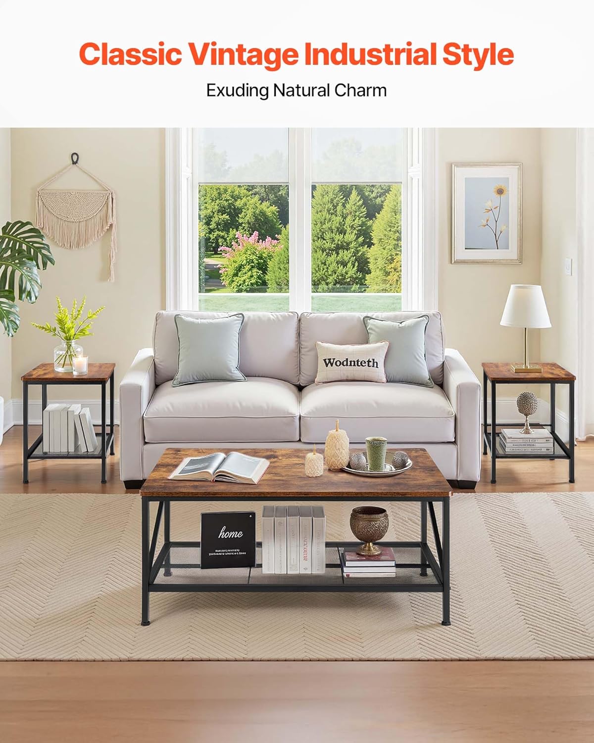 VEVOR 3 Pieces Living Room Table Sets, 41.3 in Industrial Coffee Table with 2 Square End Side Tables, Easy Assembly Coffee and End Tables Sets with Metal Legs, for Office, Living Room & Apartment