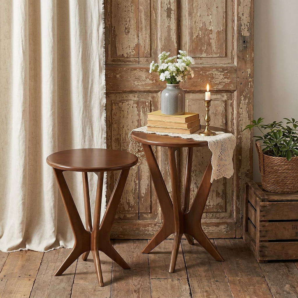 LITTLE TREE Solid Wood Round End Table, 19.7” Vintage Side Table for Small Spaces, Small Round Nightstand Bedside Table for Living Room Bedroom, Brown