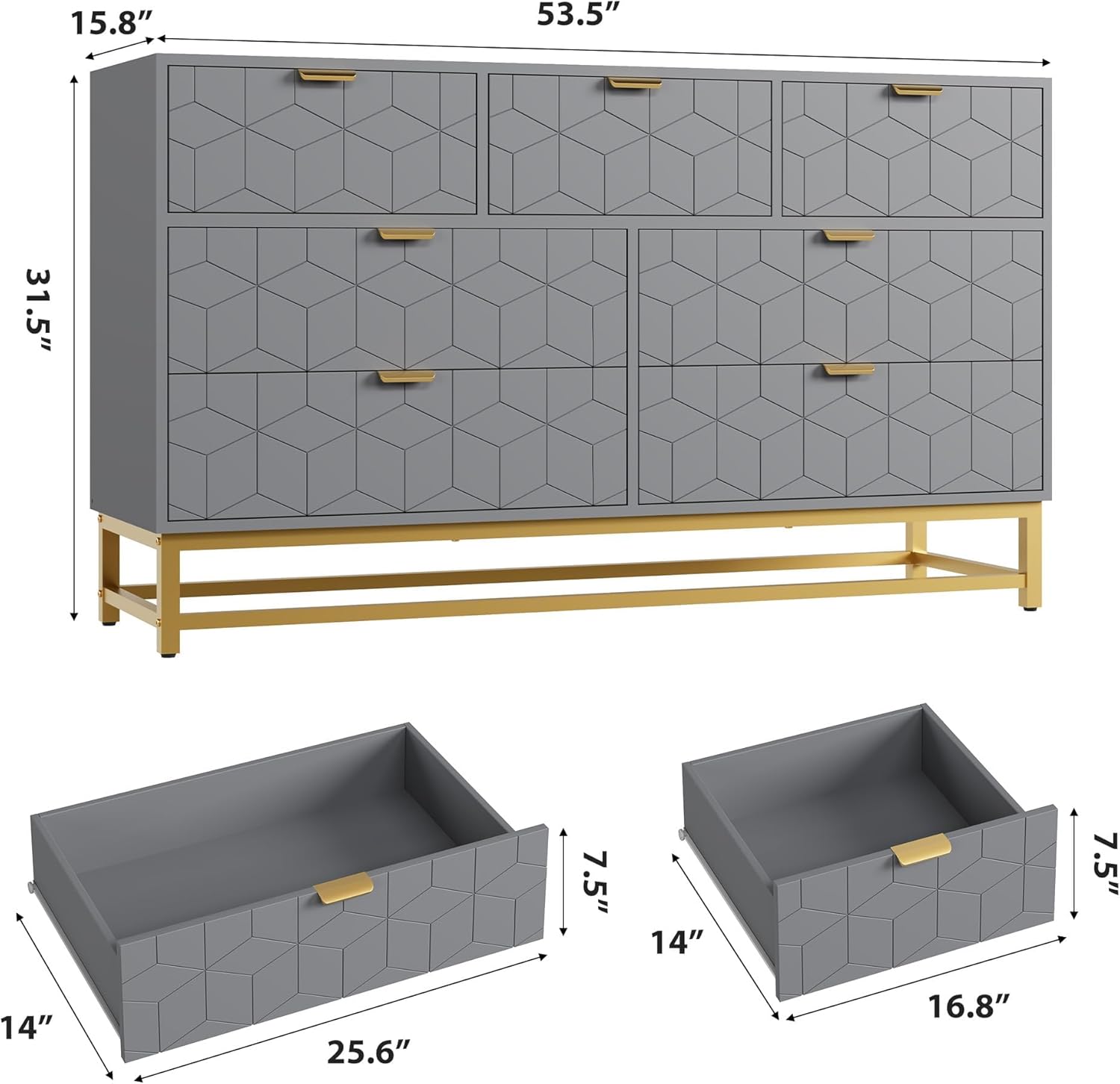 IDEALHOUSE Grey 7 Drawer Dresser for Bedroom, 53.5” Large Dresser with Metal Legs, Modern Chest Organizer with Wide Storage, Chest of Drawers for Bedroom, Living Room, Entryway