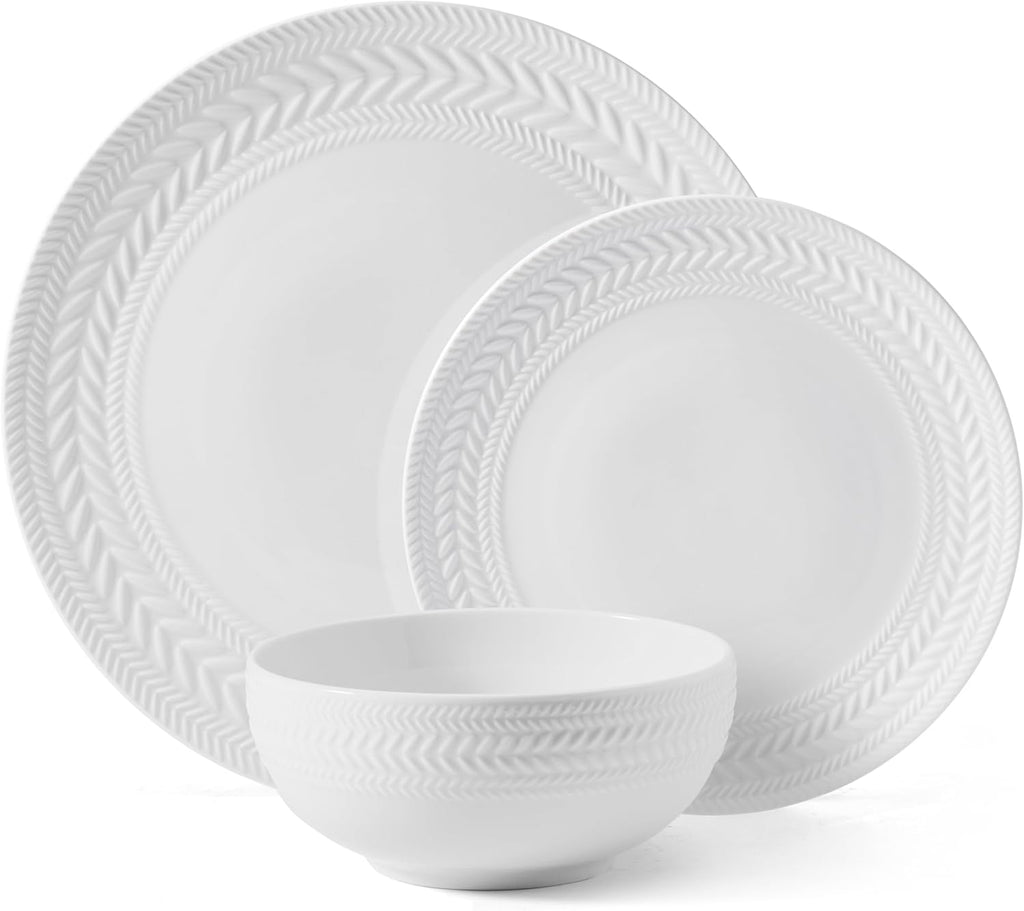 Pfaltzgraff Josephine 24-Piece Dinnerware Set, Porcelain Dish Set with Embossed Basket Weave Design, Service for 8, White Plates and Bowls Sets, Microwave and Dishwasher Safe