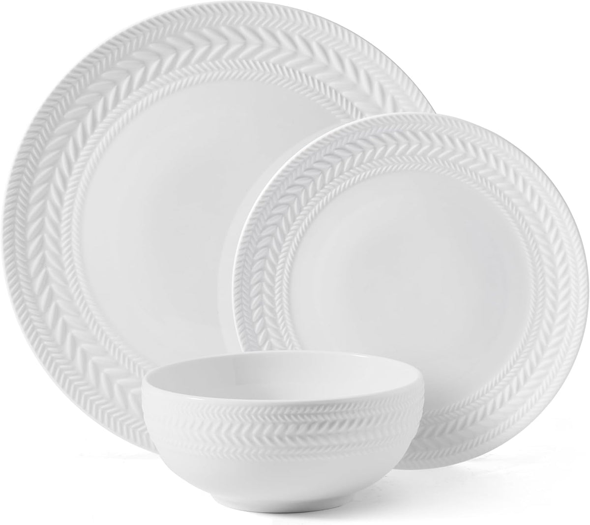 Pfaltzgraff Josephine 24-Piece Dinnerware Set, Porcelain Dish Set with Embossed Basket Weave Design, Service for 8, White Plates and Bowls Sets, Microwave and Dishwasher Safe