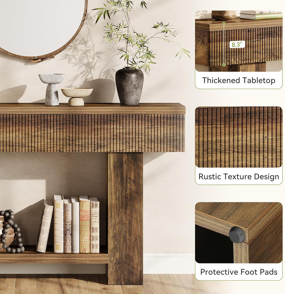LITTLE TREE 55-Inch Entryway Table with Storage, Farmhouse Console Table for Hallway, 2-Tier Sofa Table for Behind Couch, Rustic Wood Console Table for Living Room & Foyer