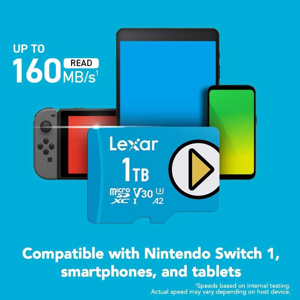 Lexar 1TB Play Blue Micro SD Card, UHS-I, C10, U3, V30, A2, 4K, Up to 160MB/s microSDXC Memory Card, Expanded Storage for Nintendo-Switch 1, Gaming Devices, Smartphones, Tablets (LMSPLBL001T-BNNNU)