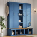 Merax Modern Farmhouse Hall Tree with Bench, 4-in-1 Entryway Storage Cabinet & Shoe Organizer with Hooks, Blue
