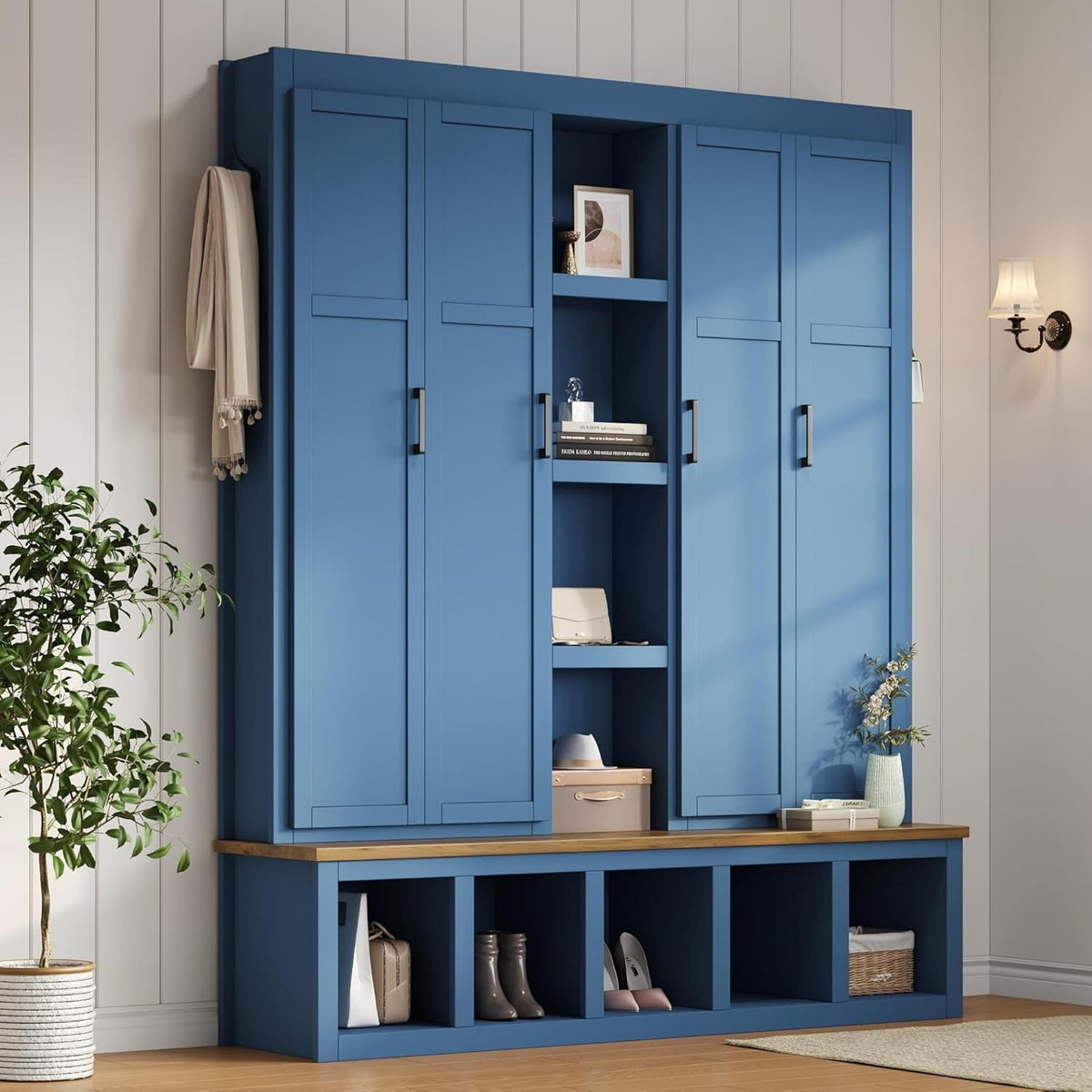 Merax Modern Farmhouse Hall Tree with Bench, 4-in-1 Entryway Storage Cabinet & Shoe Organizer with Hooks, Blue