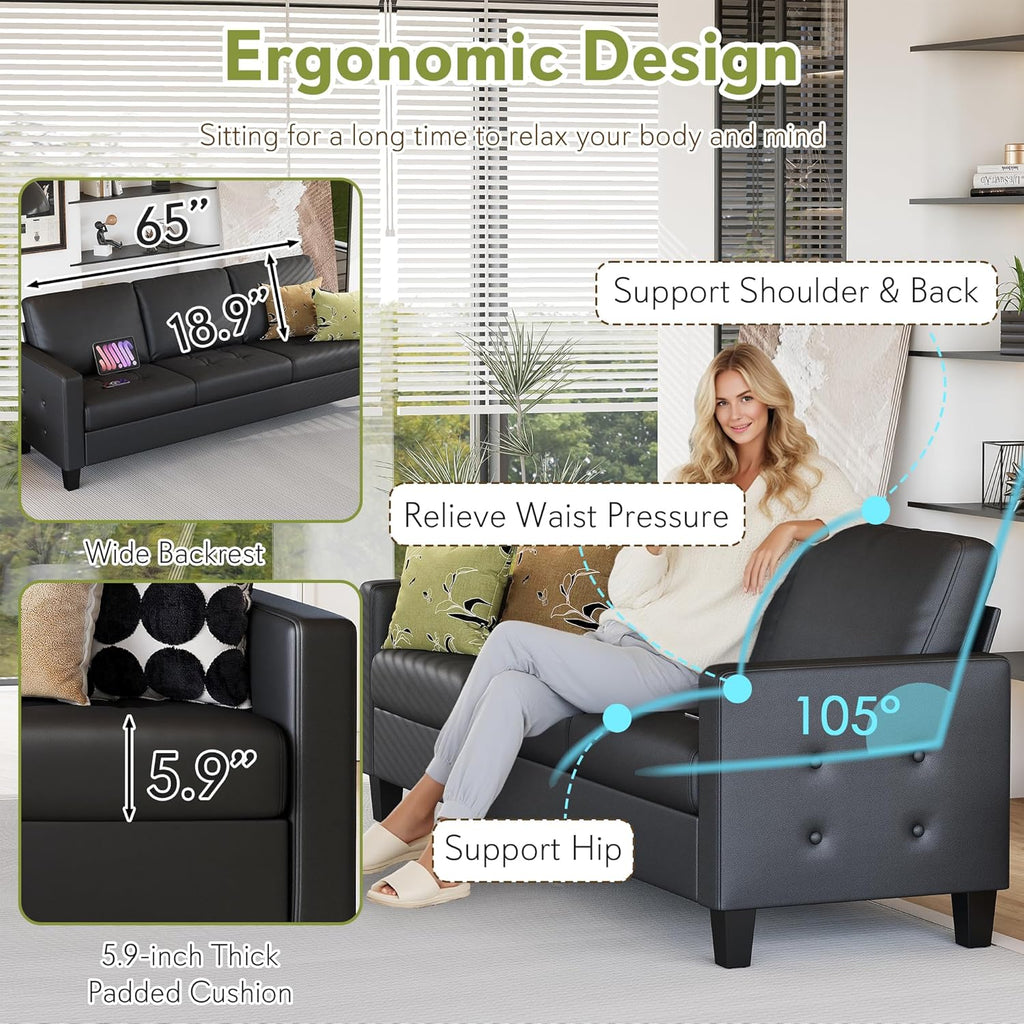 STHOUYN Black Faux Leather 3 Seater Sofa, Loveseat and Accent Chair, Modern Comfy Office Furniture Set, Small Love Seat Couch with Tufted Armrest and USB, 3 Pieces Living Room Furniture Sets (3+2+1)